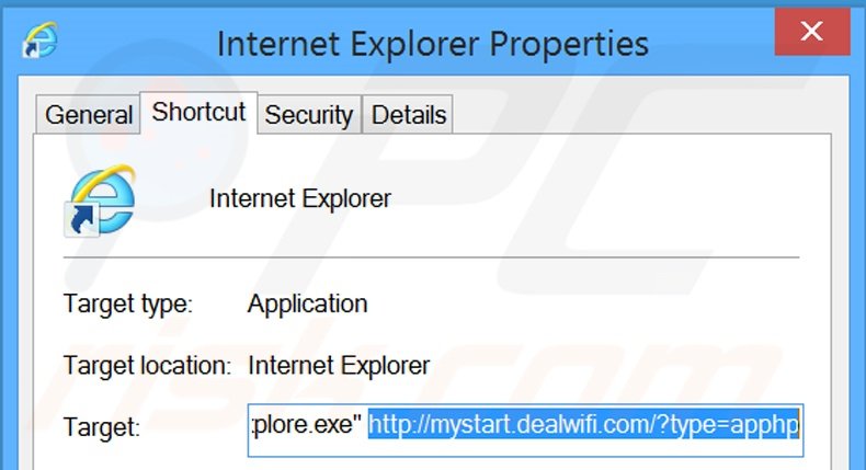 Verwijder mystart.dealwifi.com als doel van de Internet Explorer snelkoppeling stap 2