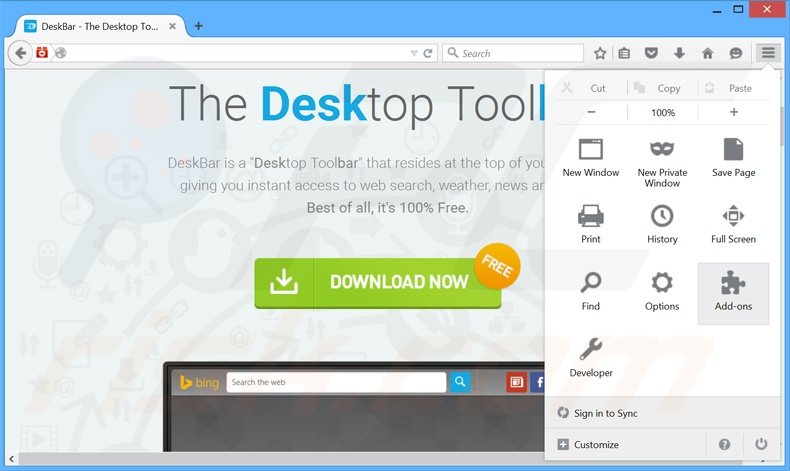 Verwijder de DeskBar advertenties uit Mozilla Firefox stap 1