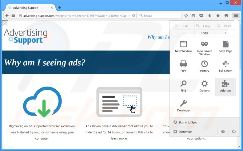 Verwijder de DigiSaver advertenties uit Mozilla Firefox stap 1