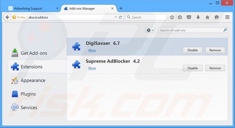 Verwijder de DigiSaver advertenties uit Mozilla Firefox stap 2
