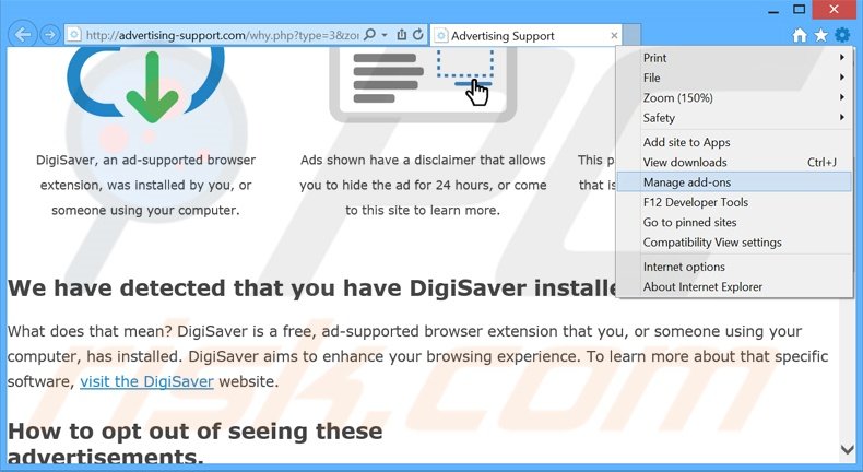 Verwijder de DigiSaver advertenties uit Internet Explorer stap 1