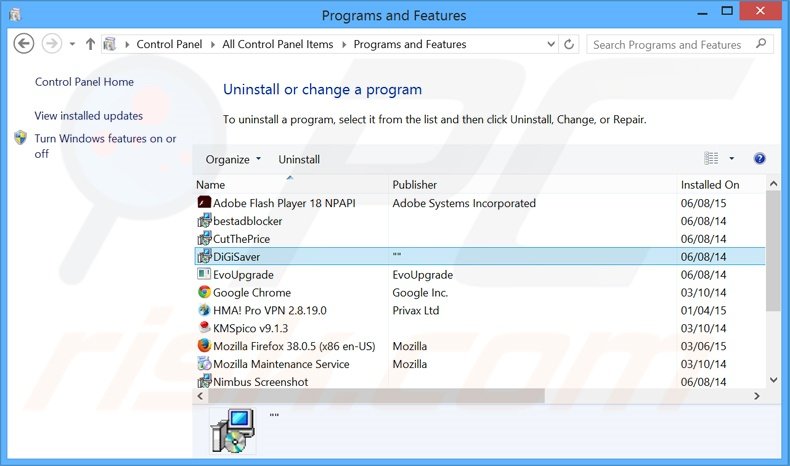 DigiSaver adware verwijdering via het Controle Paneel