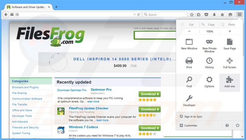 Verwijder de FilesFrog advertenties uit Mozilla Firefox stap 1