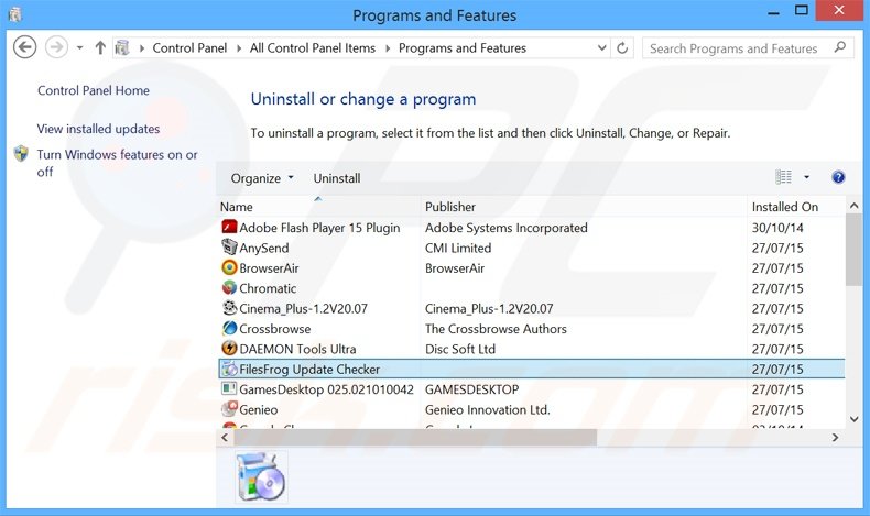 FilesFrog adware verwijdering via het Controle Paneel