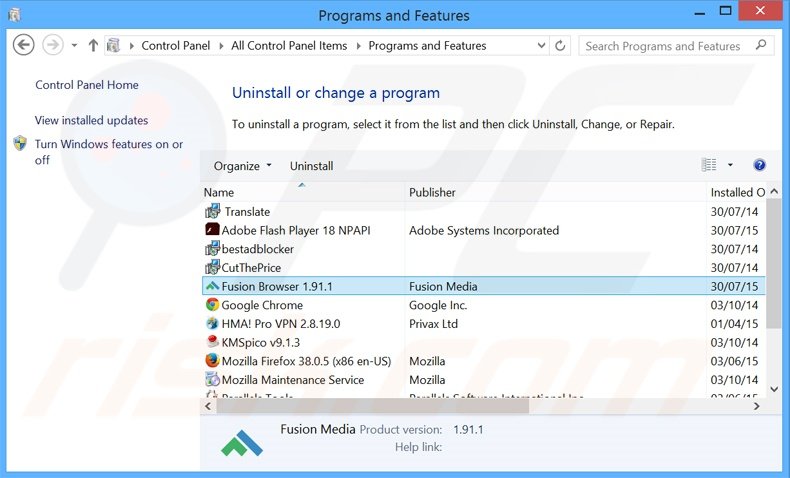 Fusion Browser adware verwijdering via het Controle Paneel