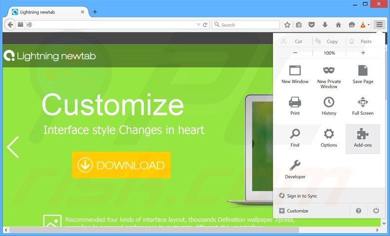 Verwijder de Lightning newtab advertenties uit Mozilla Firefox stap 1