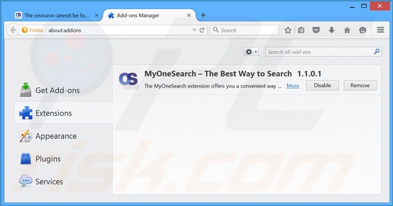 Verwijder aan MyOneSearch.net gerelateerde Mozilla Firefox extensies