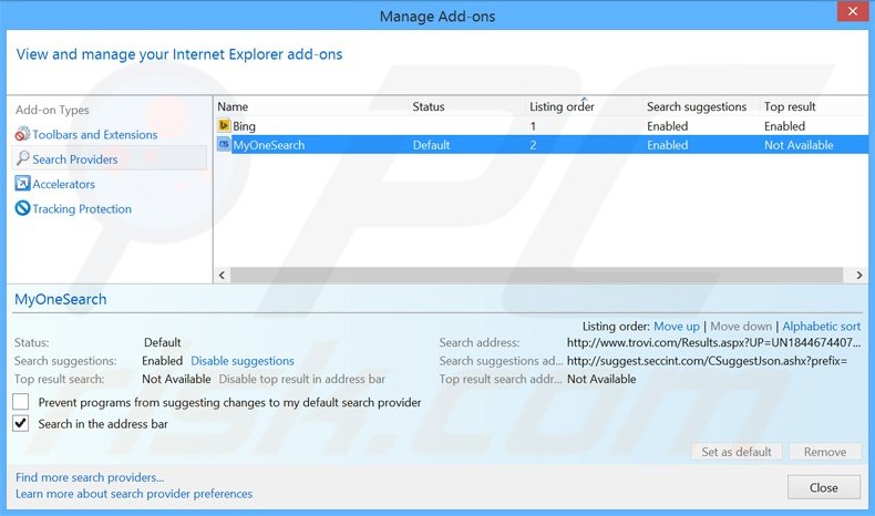 Verwijder MyOneSearch.net als standaard zoekmachine in Internet Explorer