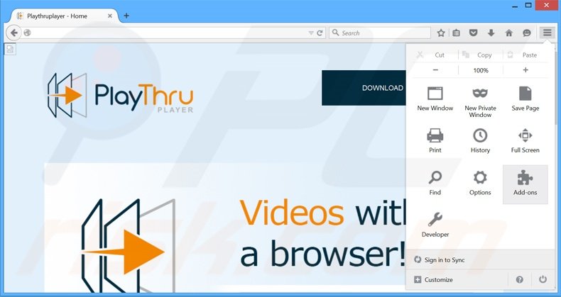 Verwijder de Playthru Player advertenties uit Mozilla Firefox stap 1
