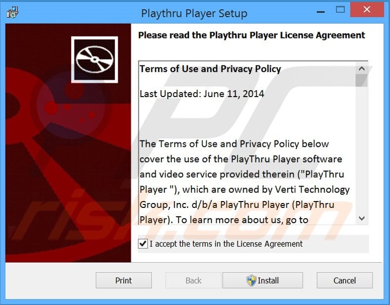 Misleidende gratis software installer gebruikt voor de Playthru Player distributie (voorbeeld 2)