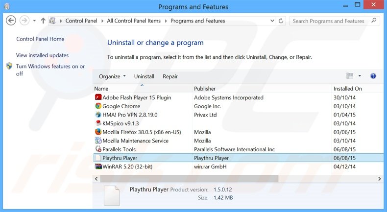 Playthru Player adware verwijdering via het Controle Paneel