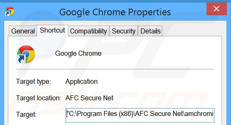 Verwijder search.protectedio.com als doel van de Google Chrome snelkoppeling stap 2
