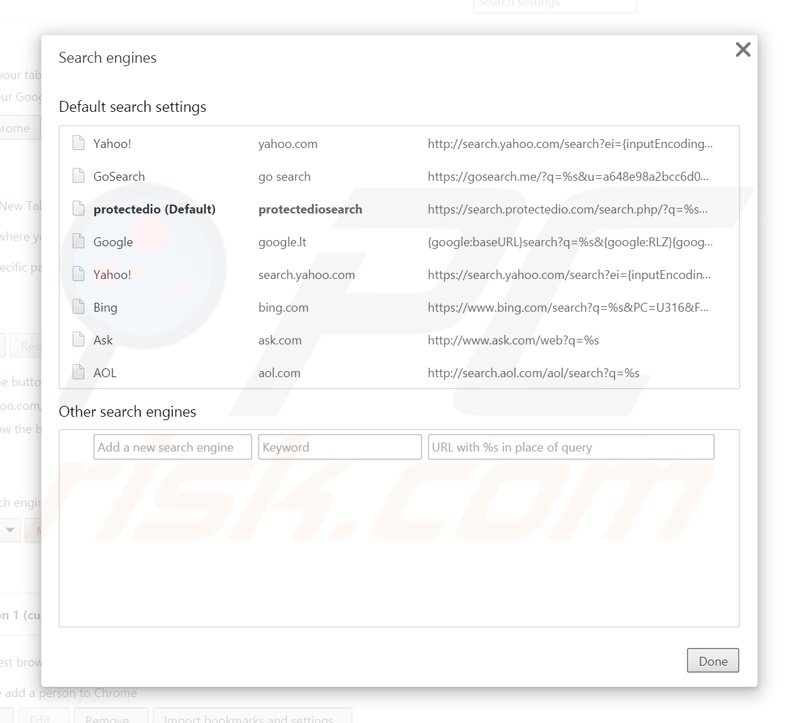 Verwijder search.protectedio.com als standaard zoekmachine in Google Chrome 