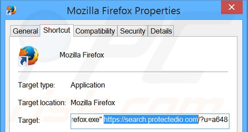 Verwijder search.protectedio.com als doel van de Mozilla Firefox snelkoppeling stap 2