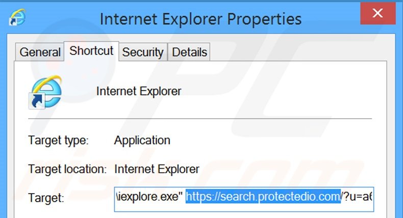 Verwijder search.protectedio.com als doel van de Internet Explorer snelkoppeling stap 2
