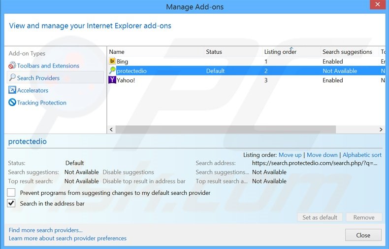 Verwijder search.protectedio.com als standaard zoekmachine in Internet Explorer