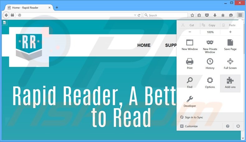 Verwijder de RapidReader advertenties uit Mozilla Firefox stap 1