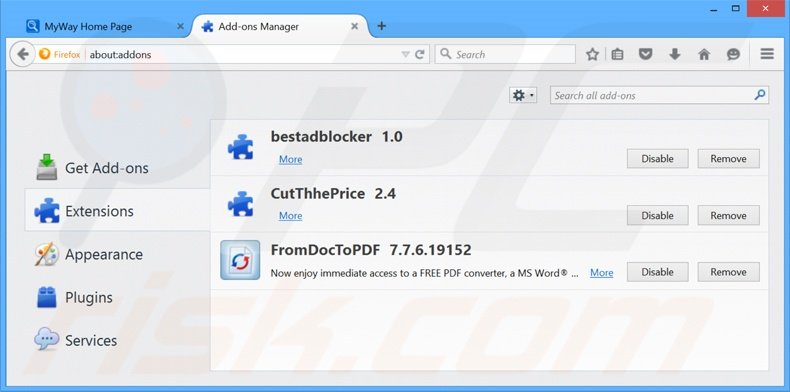 Verwijder aan search.myway.com gerelateerde Mozilla Firefox extensies