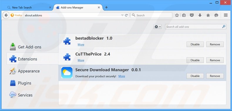 Verwijder search.secure-dm.com gerelateerde Mozilla Firefox extensies