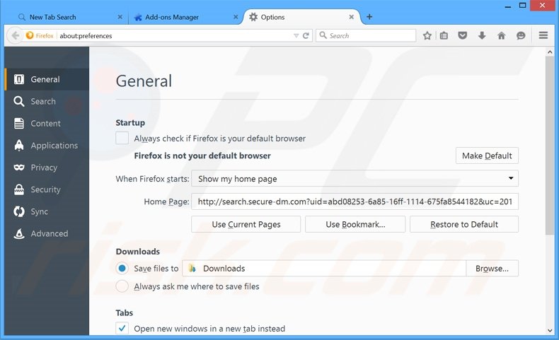 Verwijder search.secure-dm.com als startpagina in Mozilla Firefox