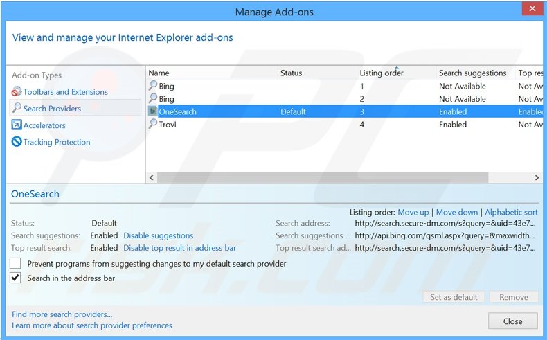 Verwijder search.secure-dm.com als standaard zoekmachine in Internet Explorer