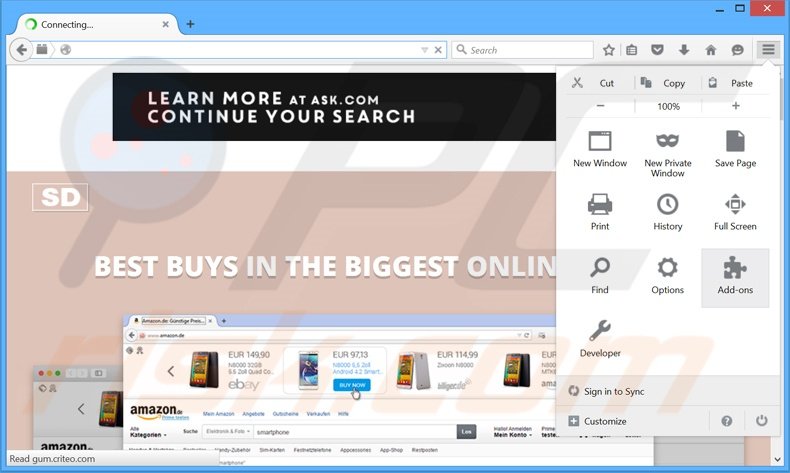 Verwijder de SimilarDeals advertenties uit Mozilla Firefox stap 1