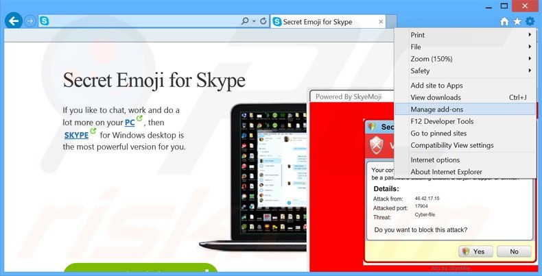 Verwijder de SkyeMoji advertenties uit Internet Explorer stap 1