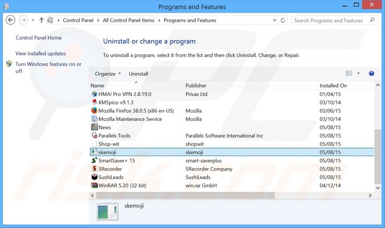 SkyeMoji adware verwijdering via het Controle Paneel