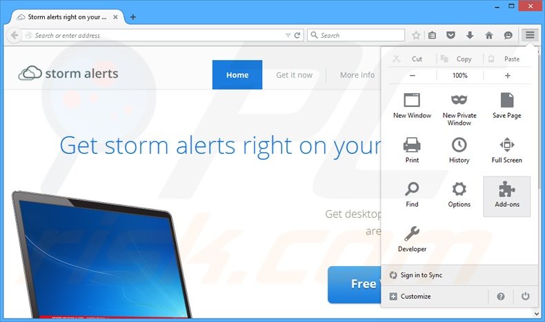 Verwijder de StormAlerts advertenties uit Mozilla Firefox stap 1