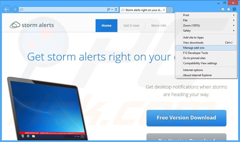 Verwijder de StormAlerts advertenties uit Internet Explorer stap 1
