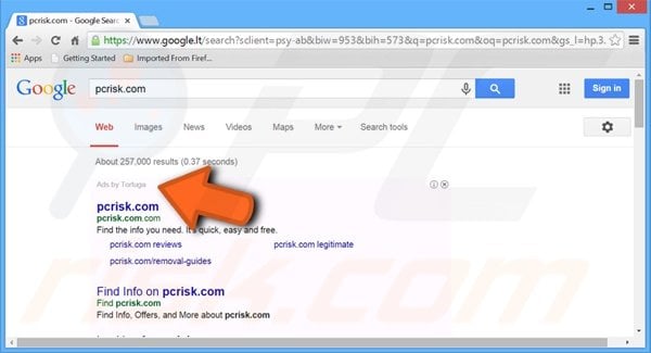 Internet zoekadvertenties gegenereerd door Tortuga adware