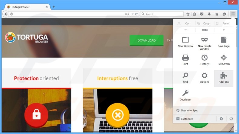 Verwijder de Tortuga advertenties uit Mozilla Firefox stap 1
