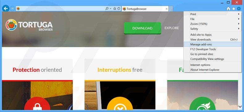 Verwijder de Tortuga advertenties uit Internet Explorer stap 1