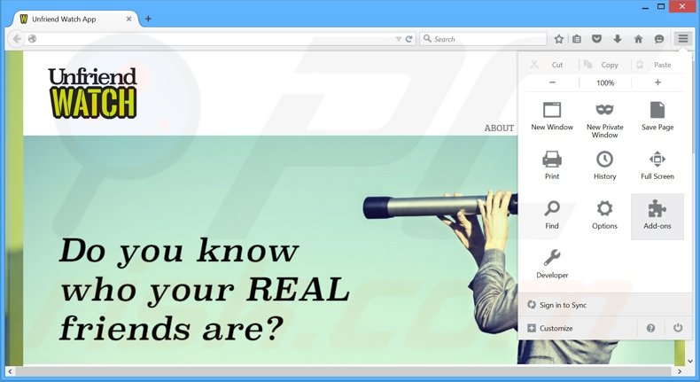 Verwijder de Unfriend Watch advertenties uit Mozilla Firefox stap 1