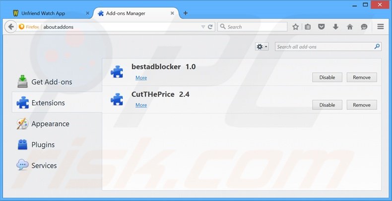 Verwijder de Unfriend Watch advertenties uit Mozilla Firefox stap 2