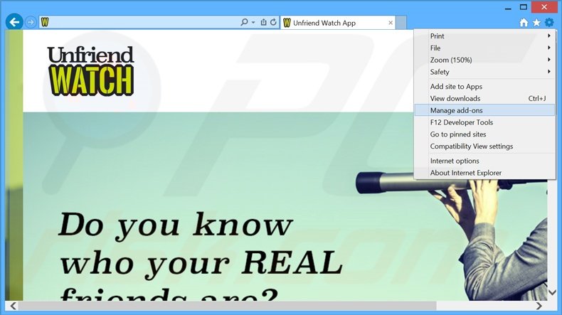 Verwijder de Unfriend Watch advertenties uit Internet Explorer stap 1