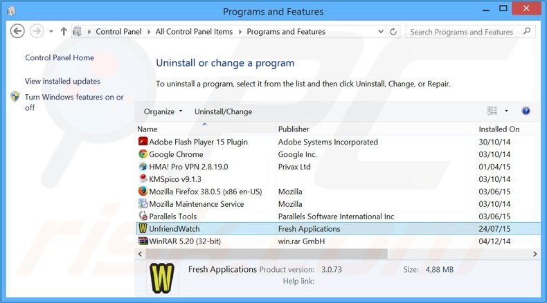 Unfriend Watch adware verwijdering via het Controle Paneel