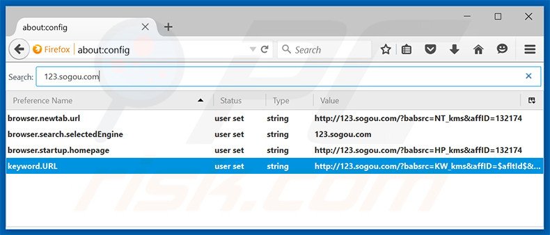 Verwijder 123.sogou.com als standaard zoekmachine in Mozilla Firefox