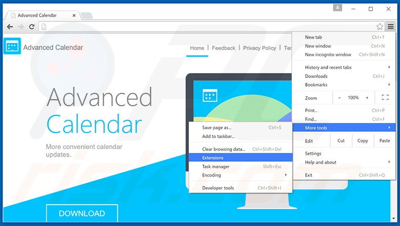 Verwijder Advanced Calendar advertenties uit Google Chrome stap 1