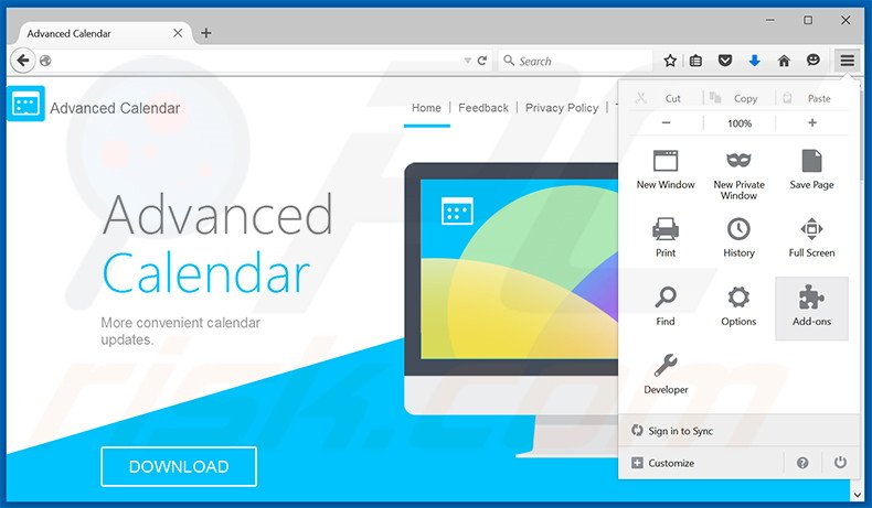 Verwijder de Advanced Calendar advertenties uit Mozilla Firefox stap 1