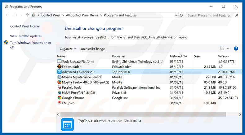 Advanced Calendar adware verwijdering via het Controle Paneel