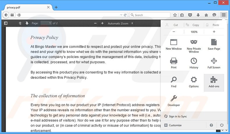 Verwijder de Bingo Master advertenties uit Mozilla Firefox stap 1