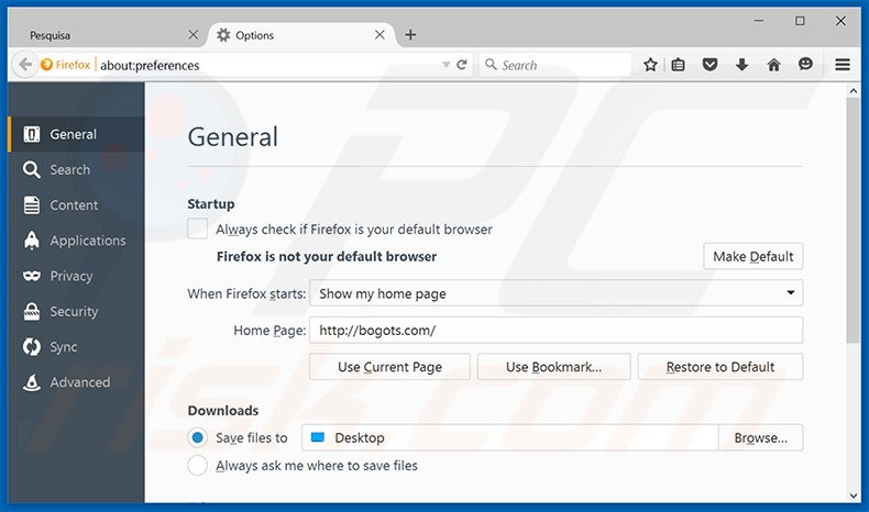 Verwijder bogots.com als startpagina in Mozilla Firefox