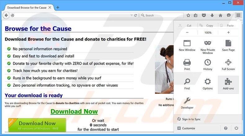 Verwijder de Browse For The Cause advertenties uit Mozilla Firefox stap 1