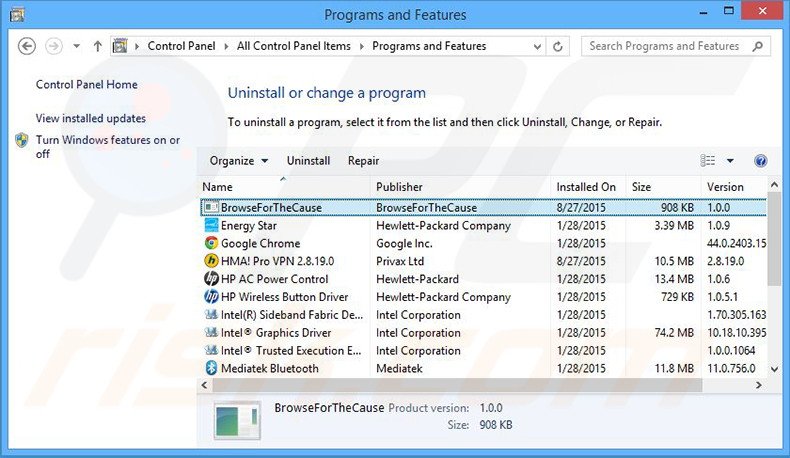 Browse For The Cause adware verwijdering via het Controle Paneel