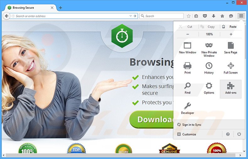 Verwijder de Browsing Secure advertenties uit Mozilla Firefox stap 1
