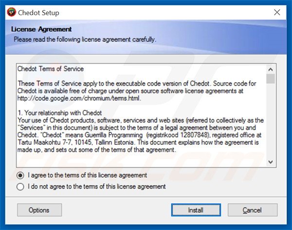 Officiële Chedot Browser Browser adware installatie configuratie