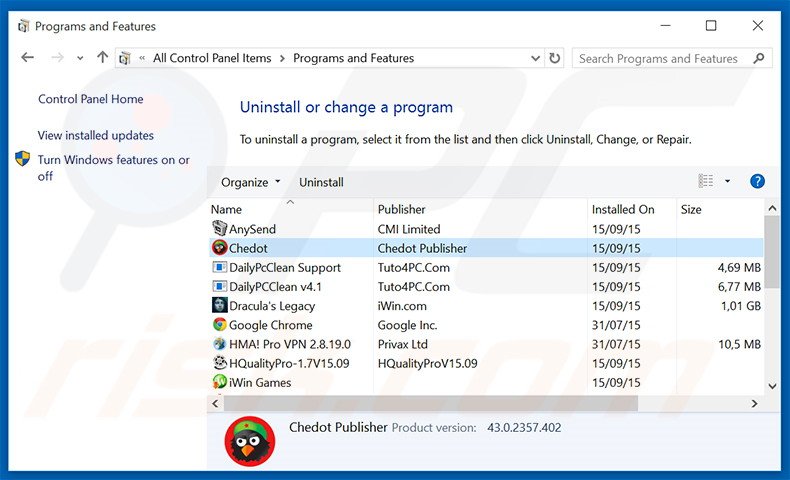 Chedot Browser adware verwijdering via het Controle Paneel