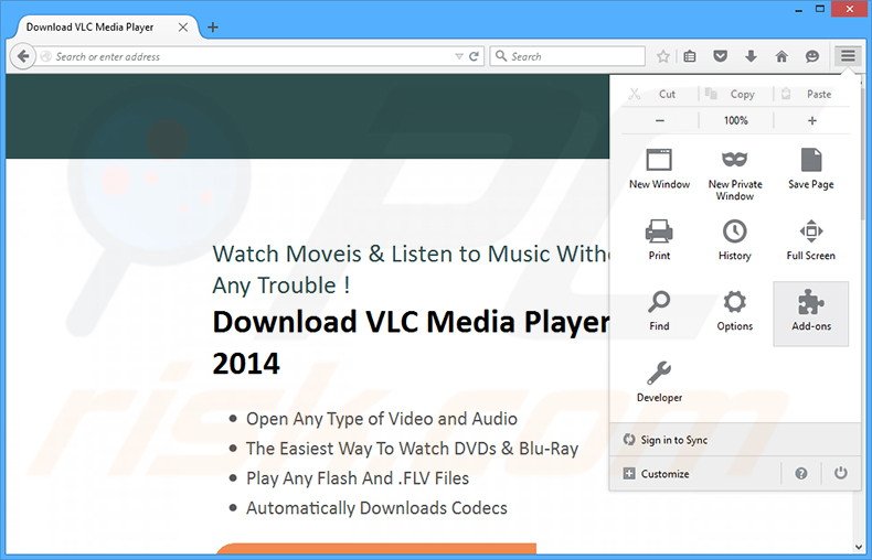 Verwijder de Cinemax Plus advertenties uit Mozilla Firefox stap 1