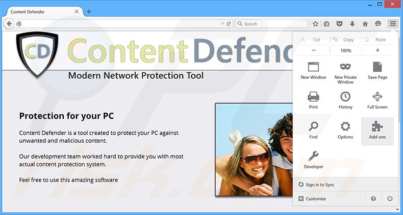 Verwijder de Content Defender advertenties uit Mozilla Firefox stap 1